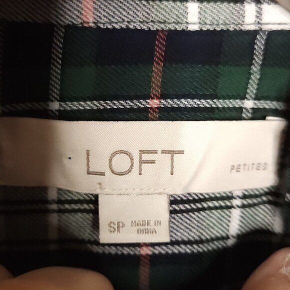 Loft Womens Petite Green White Plaid High Neck Ruffle Top SP - Picture 5 of 6